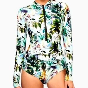 AXESEA Women's 16 Green Tropical Palm Print Long Sleeve Rash Guard Swimsuit